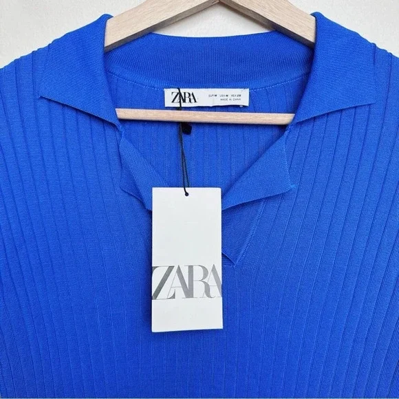Zara Womens Size Medium Ribbed Royal Blue Slit Hem  Tunic Top - Picture 9 of 13